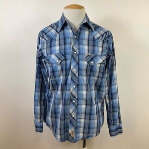 RAFTER C Blue Plaid Pearl Snap Front Western Yoke Long Sleeve Shirt, sz MD
